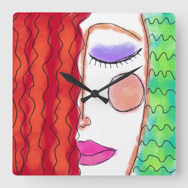 Reloj Cuadrado Wavy Red Hair Abstract Art Square Wall Clock (Anverso)