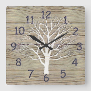 Reloj Cuadrado Weathered Driftwood with Tree Artwork