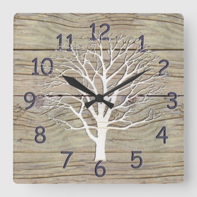 Reloj Cuadrado Weathered Driftwood with Tree Artwork (Anverso)