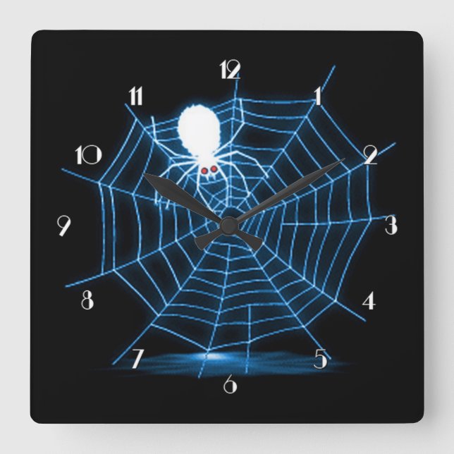 Reloj Cuadrado Web de araña negro y azul de Halloween (Anverso)