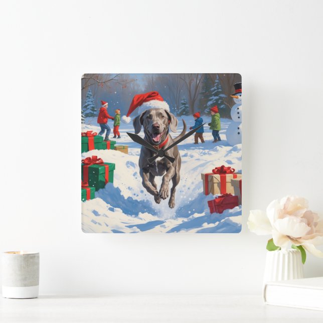 Reloj Cuadrado Weimaraner corre en Nieve con Gorra Navidad (Hogar)