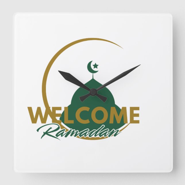 Reloj Cuadrado Welcome Ramadan Wall Clock – Islamic Mosque Cresce (Anverso)