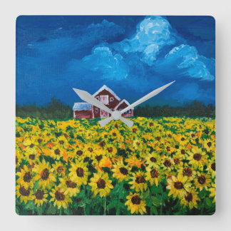 Reloj Cuadrado western country red barn summer sunflower field