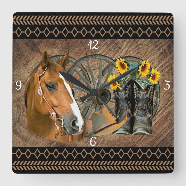 Reloj Cuadrado Western Horse Cowboy Boots Cowboy Hat Wagon Wheel  (Anverso)