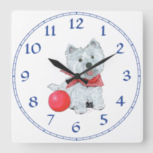 Reloj Cuadrado Westie Con Ball Rojo
