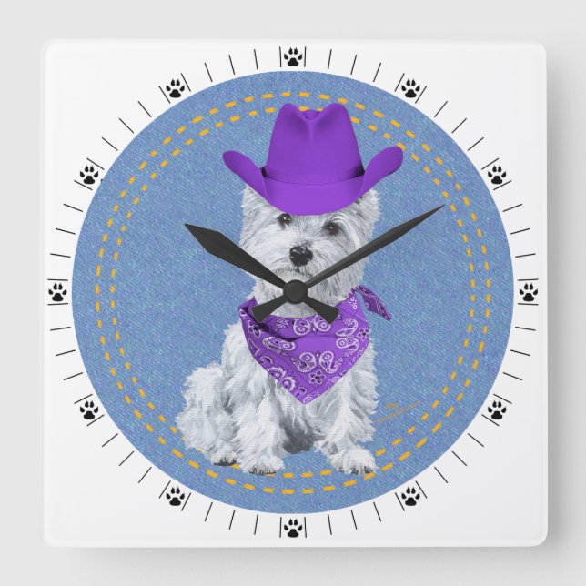 Reloj Cuadrado Westie Cowboy on Denim (Anverso)