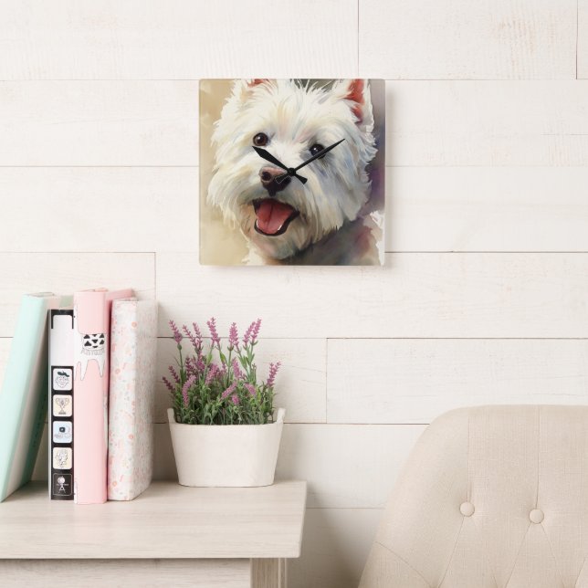Reloj Cuadrado Westie dog watercolor portrait (Sala de lectura)