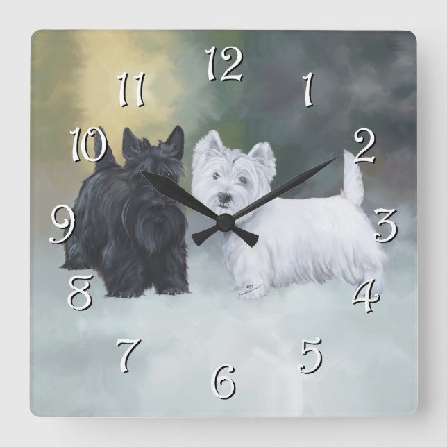 Reloj Cuadrado Westie Scottie Invierno (Anverso)