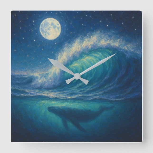 Reloj Cuadrado Whale Beneath Moonlit Wave - Pastel Painting Style (Anverso)