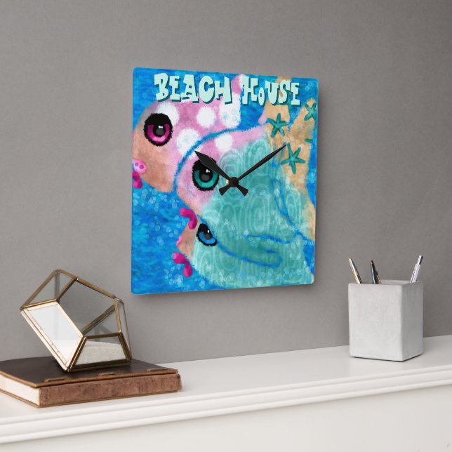 Reloj Cuadrado Whimsical Abstract Fish Trio Blue Personalized (Oficina)