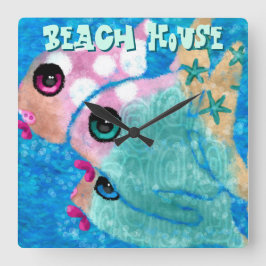 Reloj Cuadrado Whimsical Abstract Fish Trio Blue Personalized