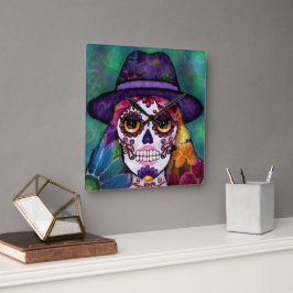 Reloj Cuadrado Whimsical Abstract Floral Hippie Sugar Skull