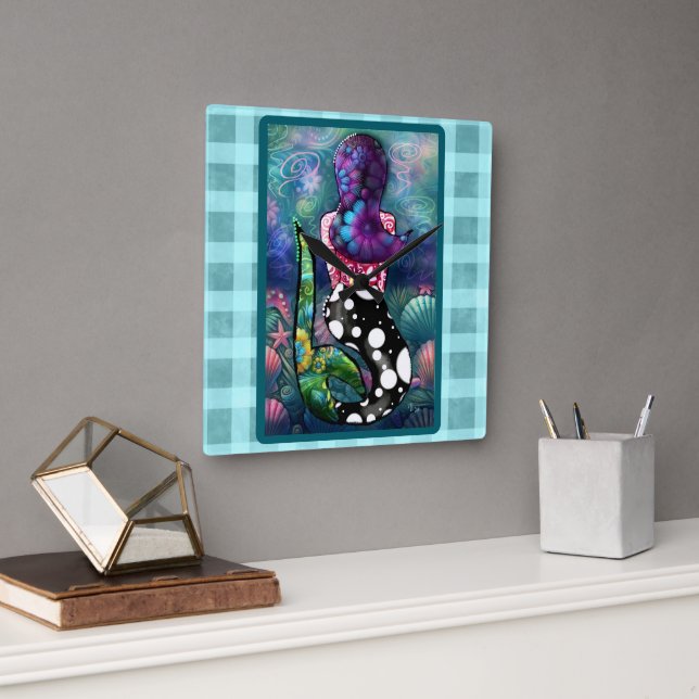 Reloj Cuadrado Whimsical Abstract Mermaid Nautical Teal Seashells (Oficina)