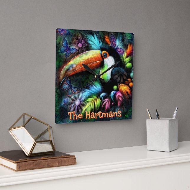 Reloj Cuadrado Whimsical Abstract Toucan Bird Personalized (Oficina)