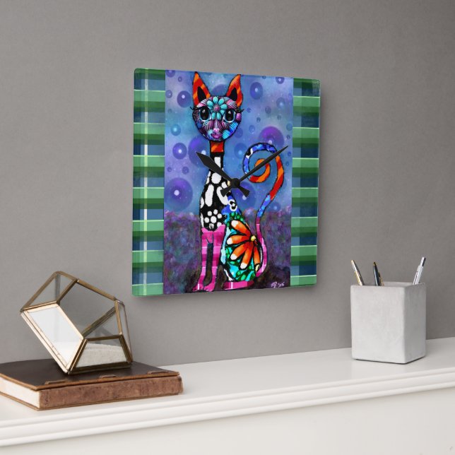 Reloj Cuadrado Whimsical Big-Eyed Funky Abstract Kitty Cat (Oficina)