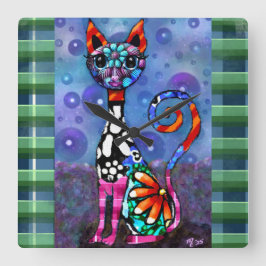 Reloj Cuadrado Whimsical Big-Eyed Funky Abstract Kitty Cat