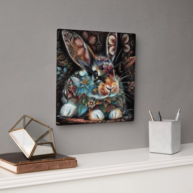 Reloj Cuadrado Whimsical Bunny Rabbit Floral Resumen Verde azulad (Oficina)