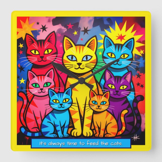 Reloj Cuadrado [Whimsical Cats] Modern Pop Art Colorful (Anverso)
