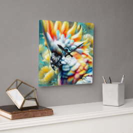 Reloj Cuadrado Whimsical Cockatoo Ave Amarillo Poppies Floral