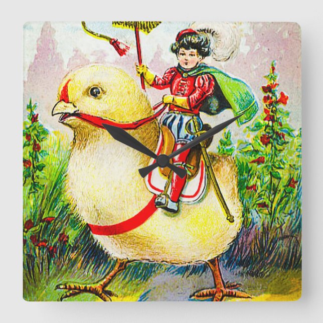 Reloj Cuadrado Whimsical Easter Greetings: Sobre el polluelo giga (Anverso)