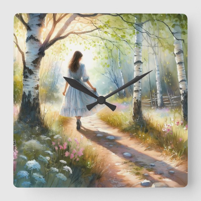 Reloj Cuadrado Whimsical Girl Dancing Through Birch Forest (Anverso)