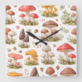 Reloj Cuadrado Whimsical Mushroom Pattern – Vintage Botanical 