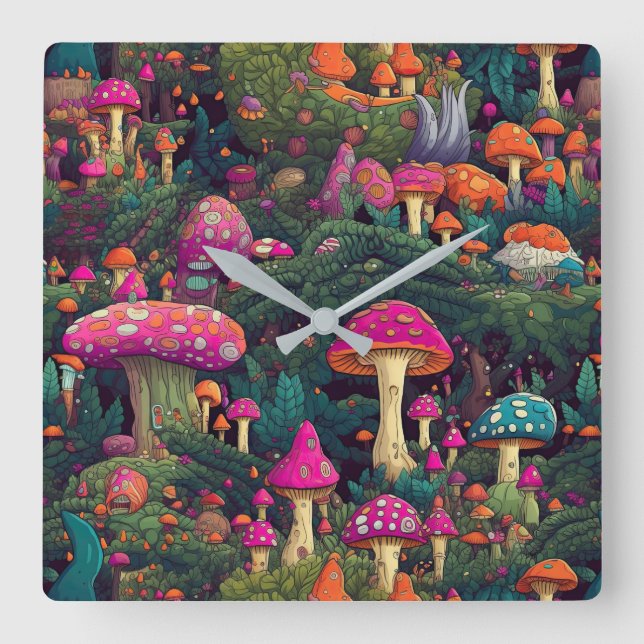 Reloj Cuadrado Whimsical Mushrooms Wall Clock (Anverso)