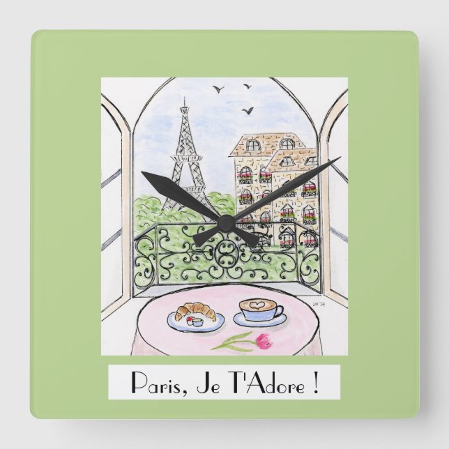 Reloj Cuadrado Whimsical Paris Eiffel Tower I Adore You! (Anverso)