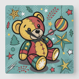 Reloj Cuadrado Whimsical Patchwork Christmas Teddy Bear