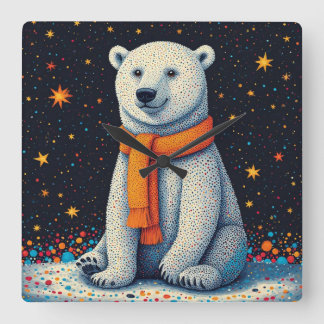 Reloj Cuadrado Whimsical Polar Bear In Orange Scarf