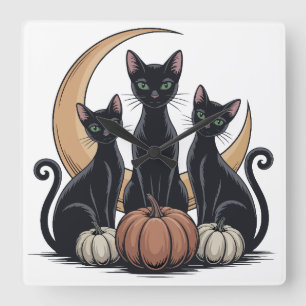 Reloj Cuadrado Whimsigothtic Black Cats Pumpkin Moon Halloween Wa