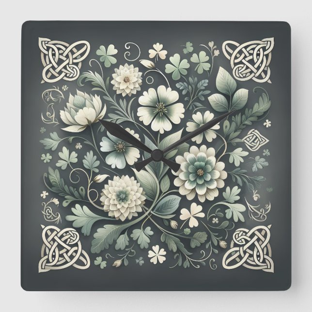 Reloj Cuadrado Whispered Clover Knotwork Garden (Anverso)