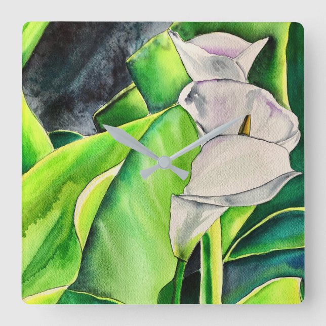 Reloj Cuadrado White Arum Lily watercolor tropical floral (Anverso)