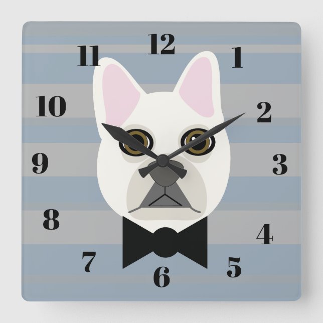 Reloj Cuadrado White French Bulldog, Stripes (Anverso)