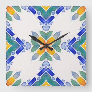 Reloj Cuadrado White orange blue green mosaic tile pattern