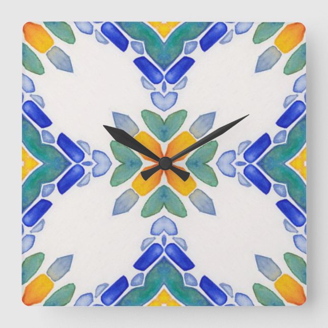Reloj Cuadrado White orange blue green mosaic tile pattern (Anverso)