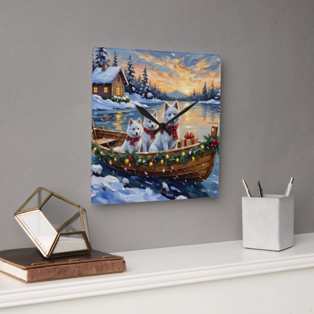 Reloj Cuadrado White Samoyed Christmas Boat Holiday (Oficina)