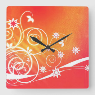 Reloj Cuadrado White swirls and florals on orange square clock