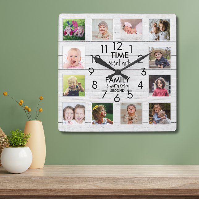 Reloj Cuadrado White Wood 12 Photo Collage Family Time Quote   (Subido por el creador)