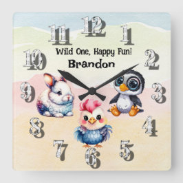 Reloj Cuadrado Wild One Happy Fun Woodland Animals Watercolor