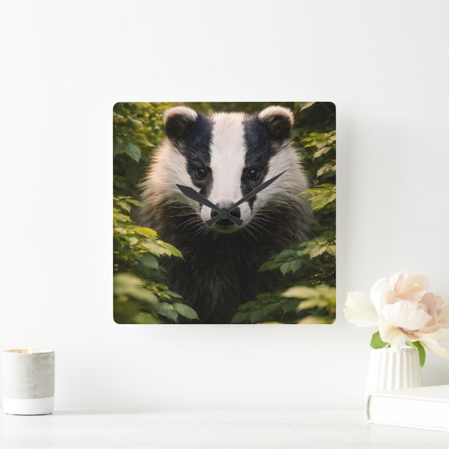 Reloj Cuadrado Wild watcher, Majestic British badger Square wall  (Hogar)