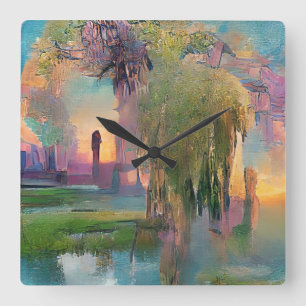 Reloj Cuadrado Willow y la glicinia junto al estanque al atardece