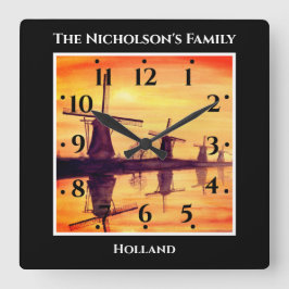 Reloj Cuadrado Windmills Sunset Kinderdijk - Pintura de acuarela