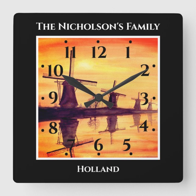 Reloj Cuadrado Windmills Sunset Kinderdijk - Pintura de acuarela (Anverso)