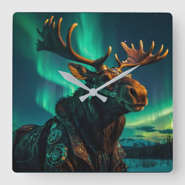Reloj Cuadrado Winter Aurora & Steampunk Moose Wildlife Art (Anverso)