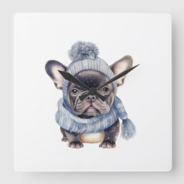 Reloj Cuadrado Winter Bulldog Baby in Blue Cap and Scarf