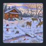 Reloj Cuadrado Winter Cabin Deer In Snow Christmas Scene<br><div class="desc">Lovely Christmas winter cabin scene</div>