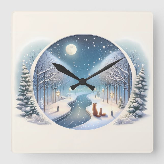 Reloj Cuadrado Winter Foxes by Moonlit Snowy River (Anverso)