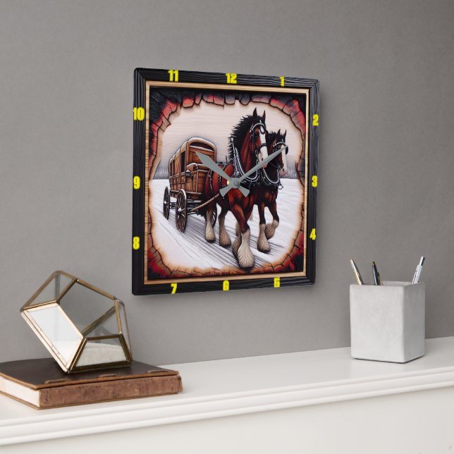 Reloj Cuadrado Winter Haul: Clydesdale, madera charrada personali (Oficina)