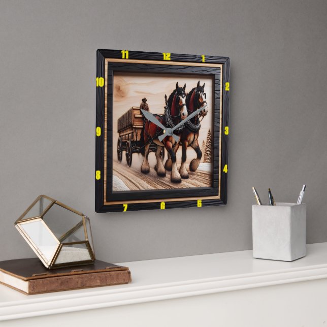 Reloj Cuadrado Winter Ride Bespoke Charred Wood Clydesdale (Oficina)